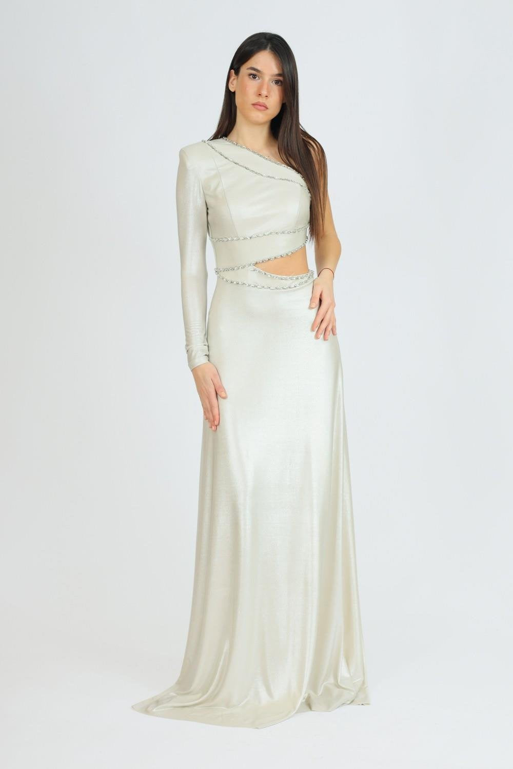Rhinestone Embroidered Single Sleeve Long Evening Dress - 3025C