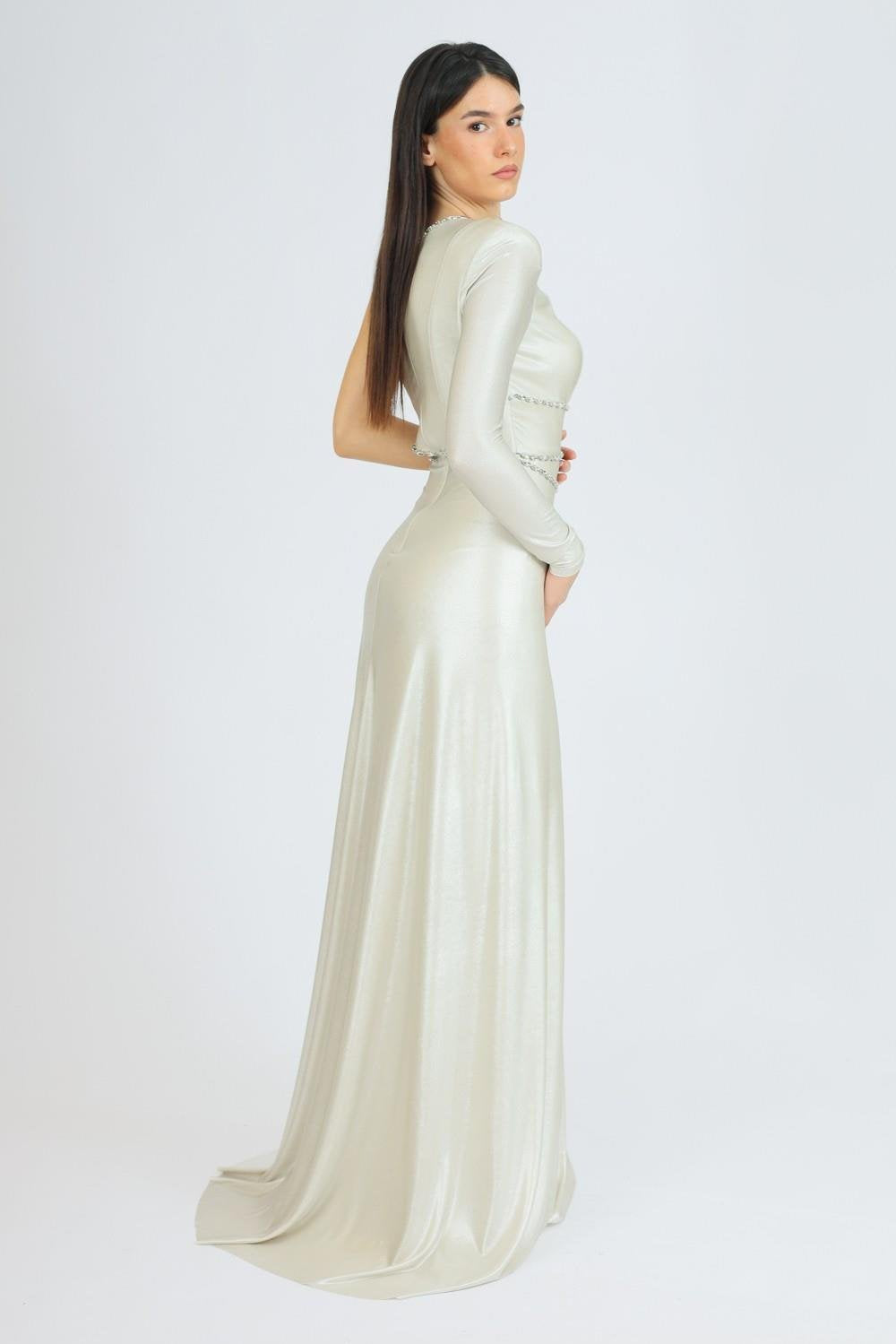 Rhinestone Embroidered Single Sleeve Long Evening Dress - 3025C