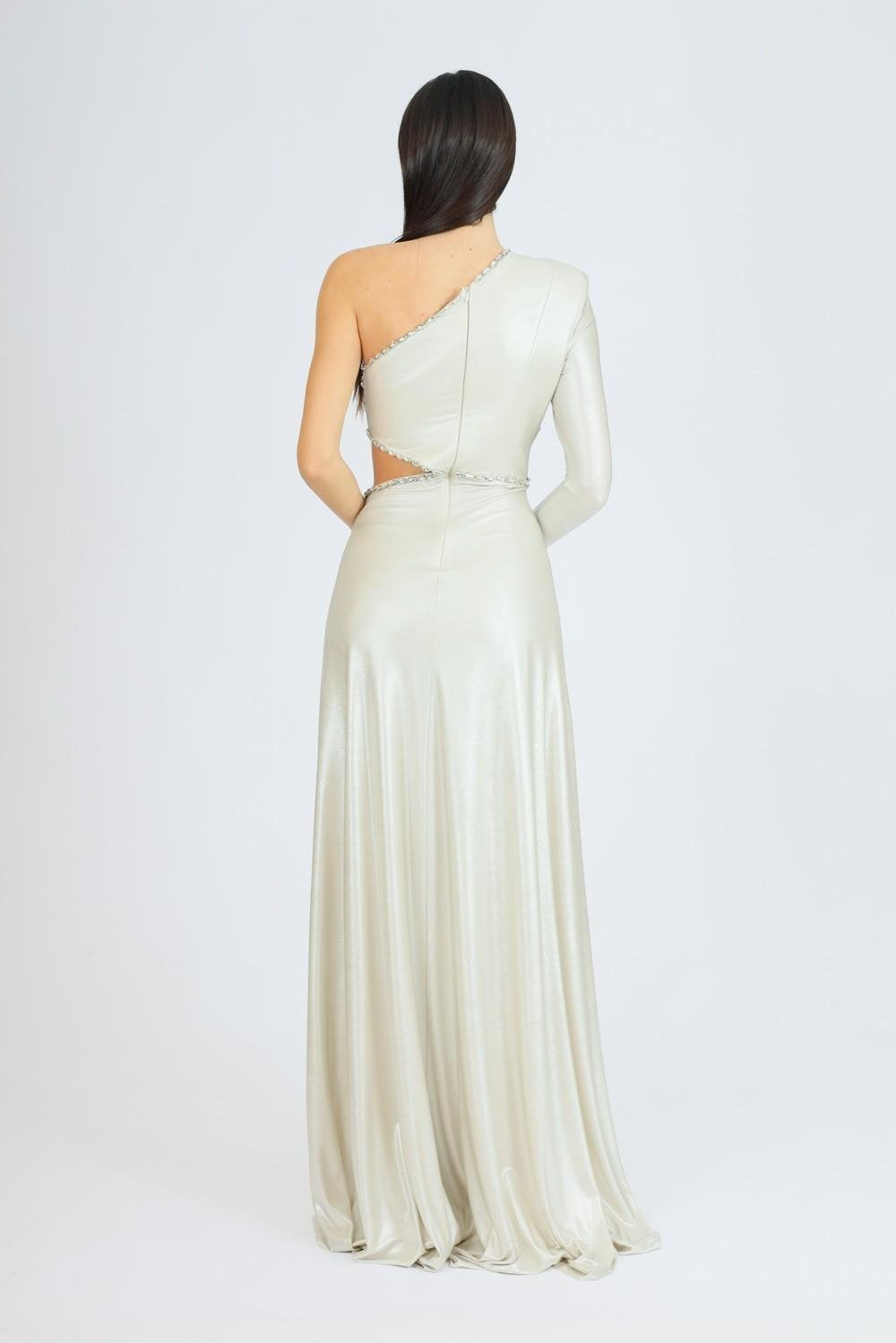 Rhinestone Embroidered Single Sleeve Long Evening Dress - 3025C