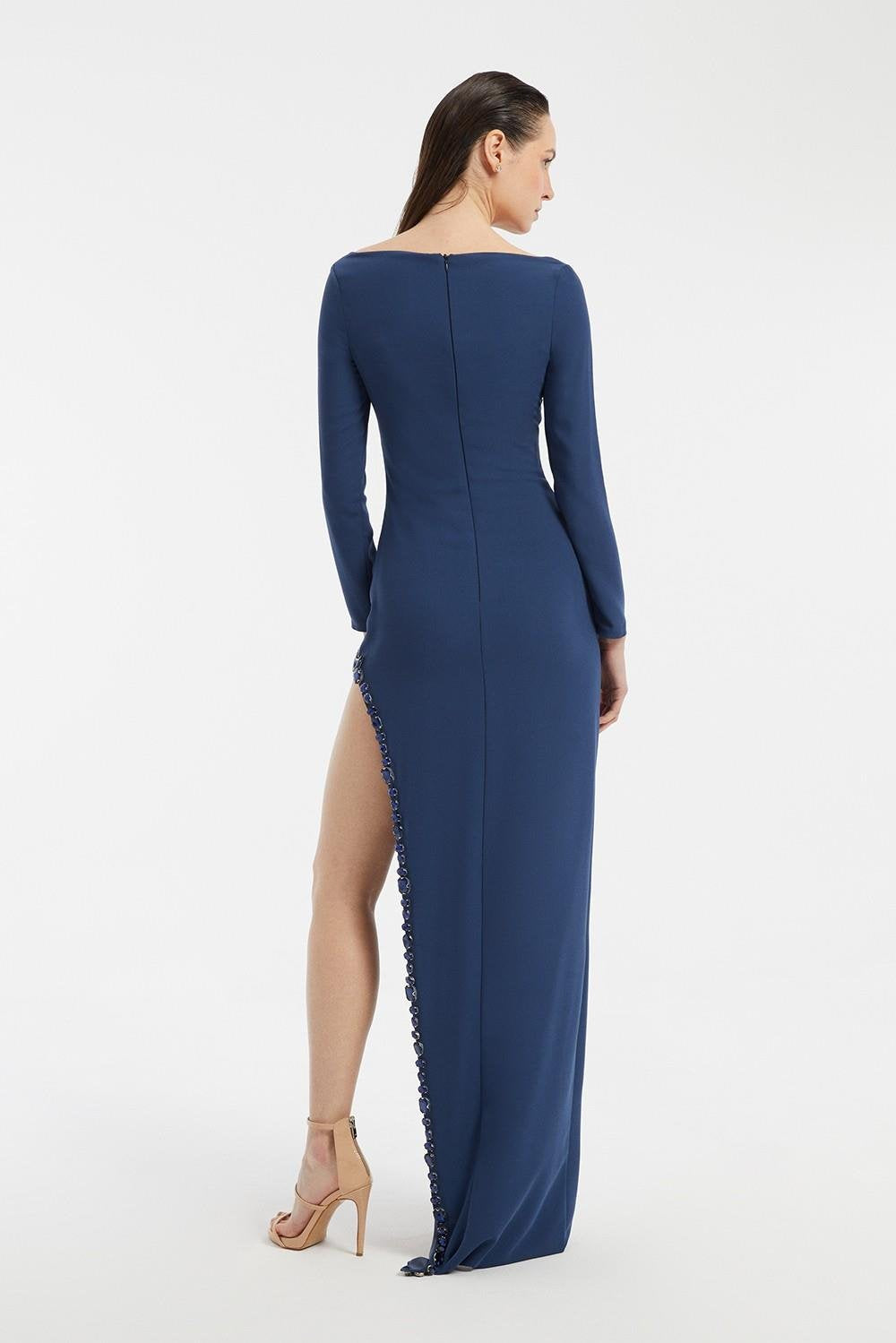 Bust Embroidery Detailed Long Sleeve Slit Long Evening Dress - 3005C