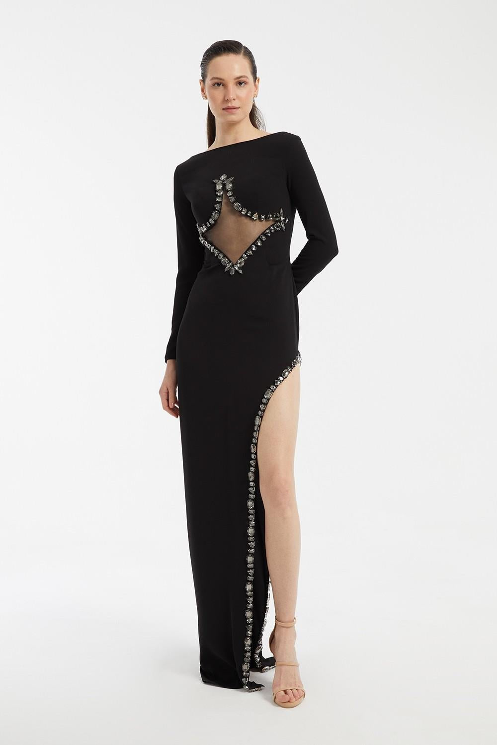 Bust Embroidery Detailed Long Sleeve Slit Long Evening Dress - 3005C