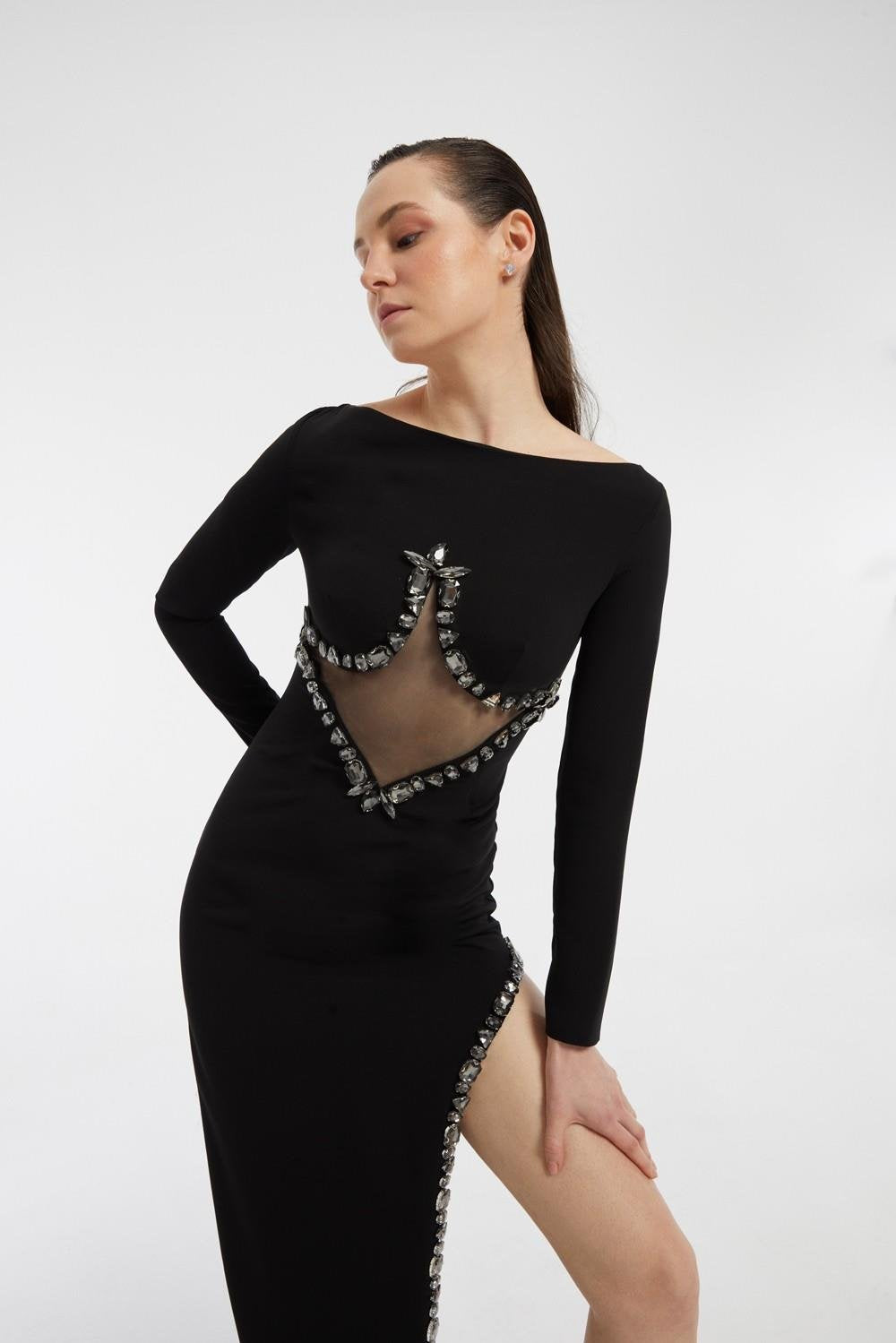 Bust Embroidery Detailed Long Sleeve Slit Long Evening Dress - 3005C
