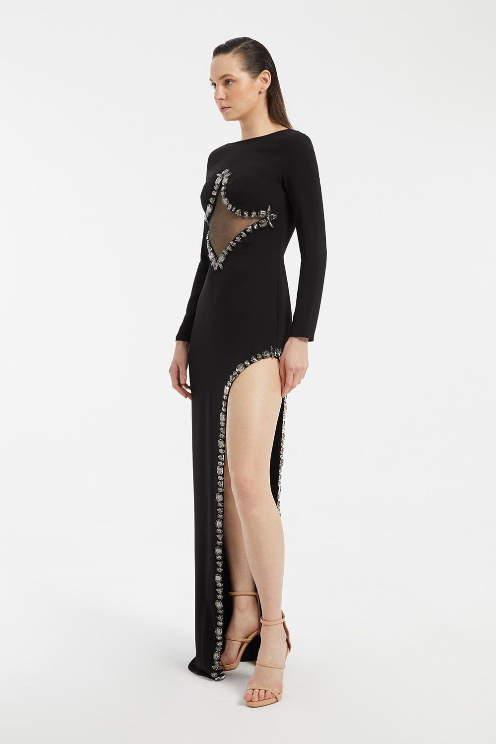Bust Embroidery Detailed Long Sleeve Slit Long Evening Dress - 3005C
