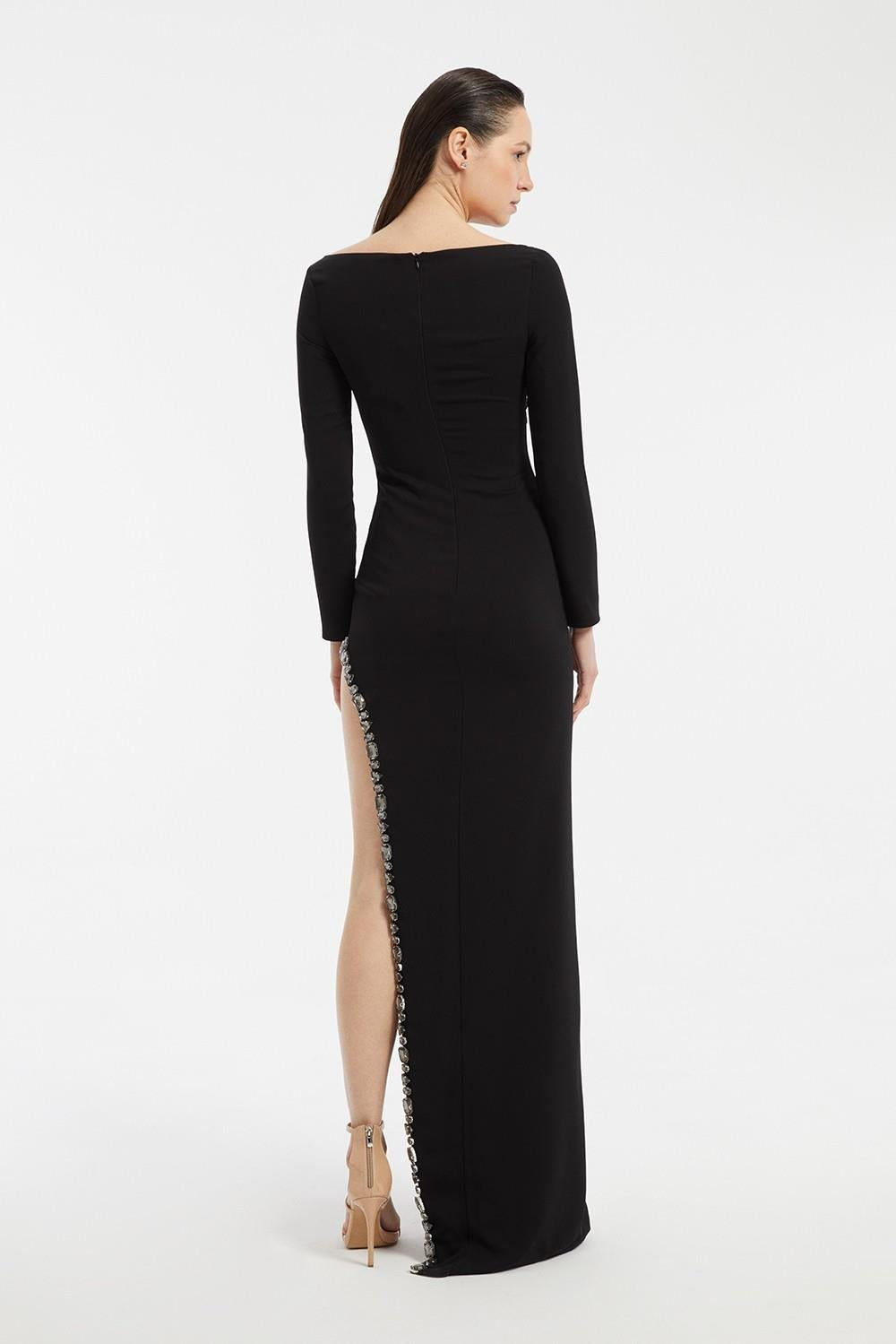 Bust Embroidery Detailed Long Sleeve Slit Long Evening Dress - 3005C