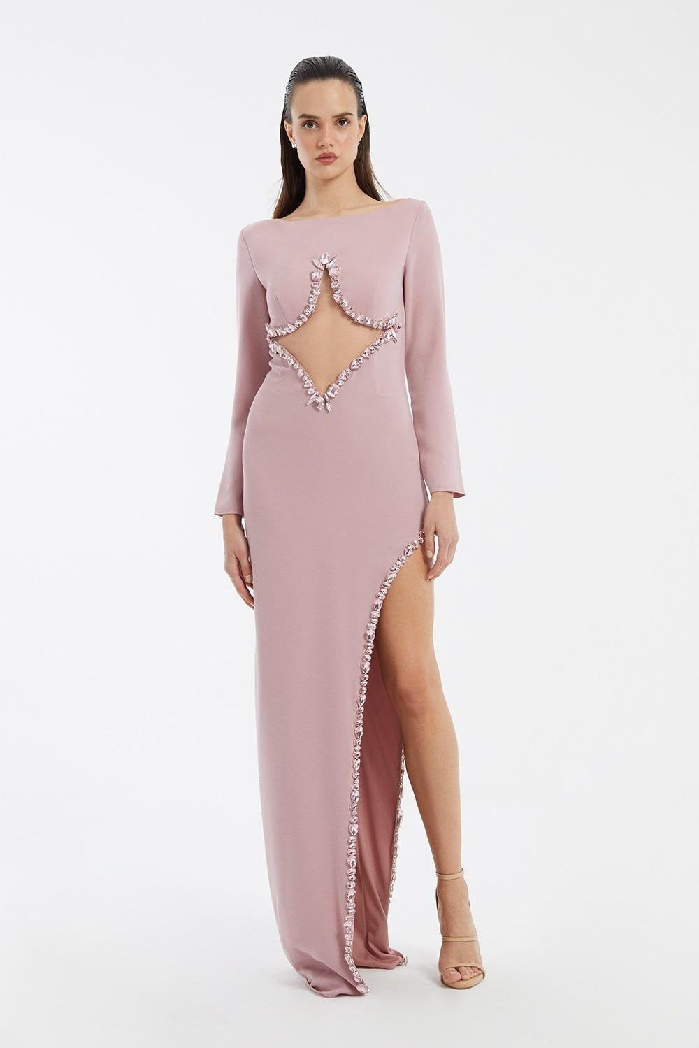 Bust Embroidery Detailed Long Sleeve Slit Long Evening Dress - 3005C