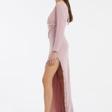 Bust Embroidery Detailed Long Sleeve Slit Long Evening Dress - 3005C
