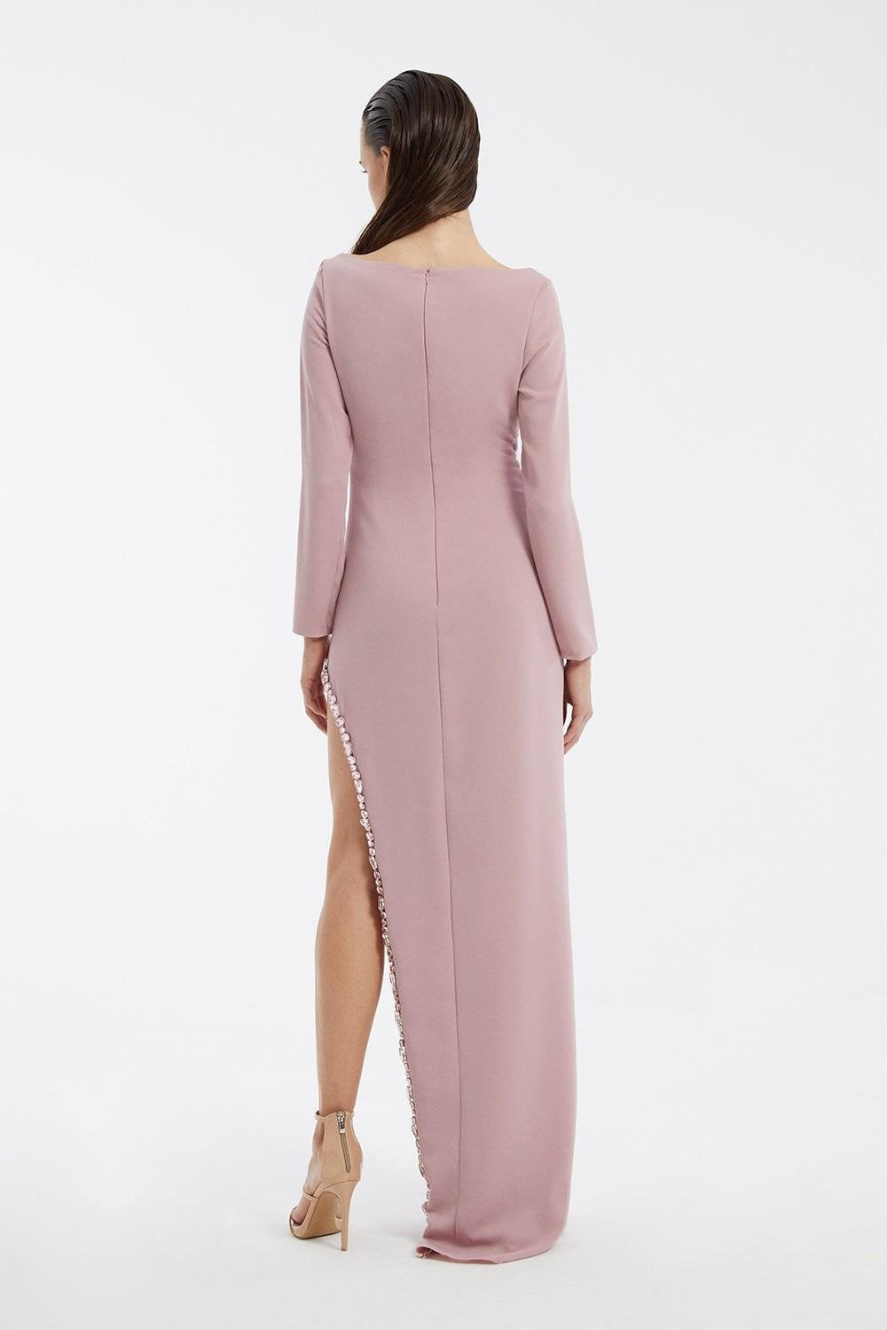Bust Embroidery Detailed Long Sleeve Slit Long Evening Dress - 3005C