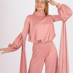 Sıfır Yaka Kemer Detaylı Tesettür Tulum Elbise - 8003C - Gül Kurusu