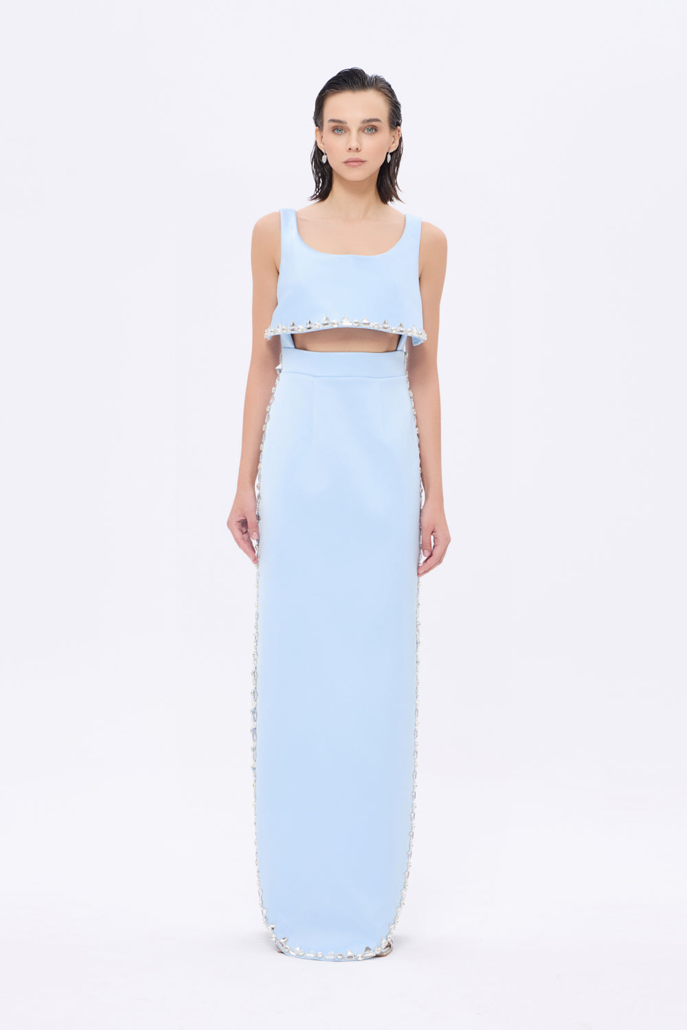 Stone Embroidered Strappy Long Evening Dress with Slits - 2006C