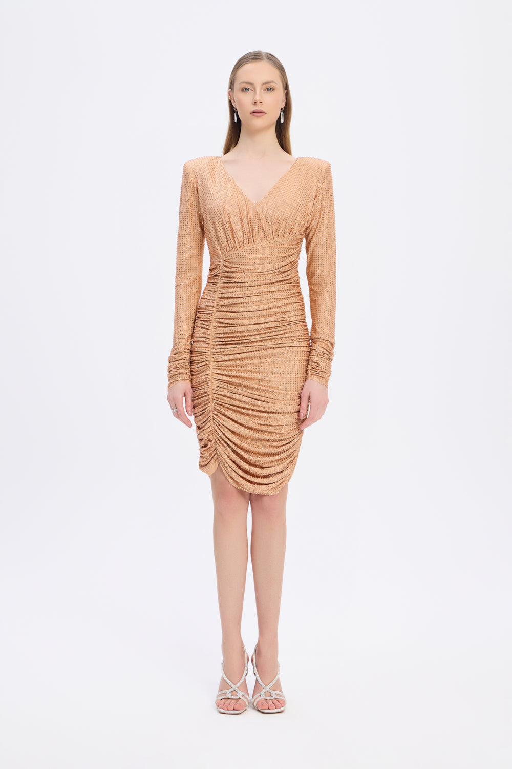Draped Rhinestone Applied Midi Evening Dress - 1017C
