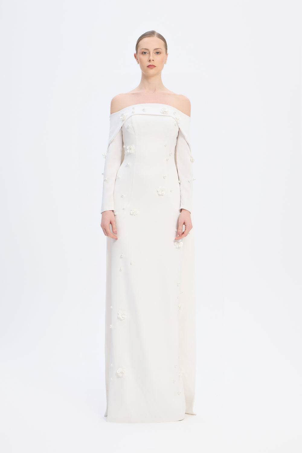 Boat Neck Accessory Detailed Long Evening Dress - 01026C