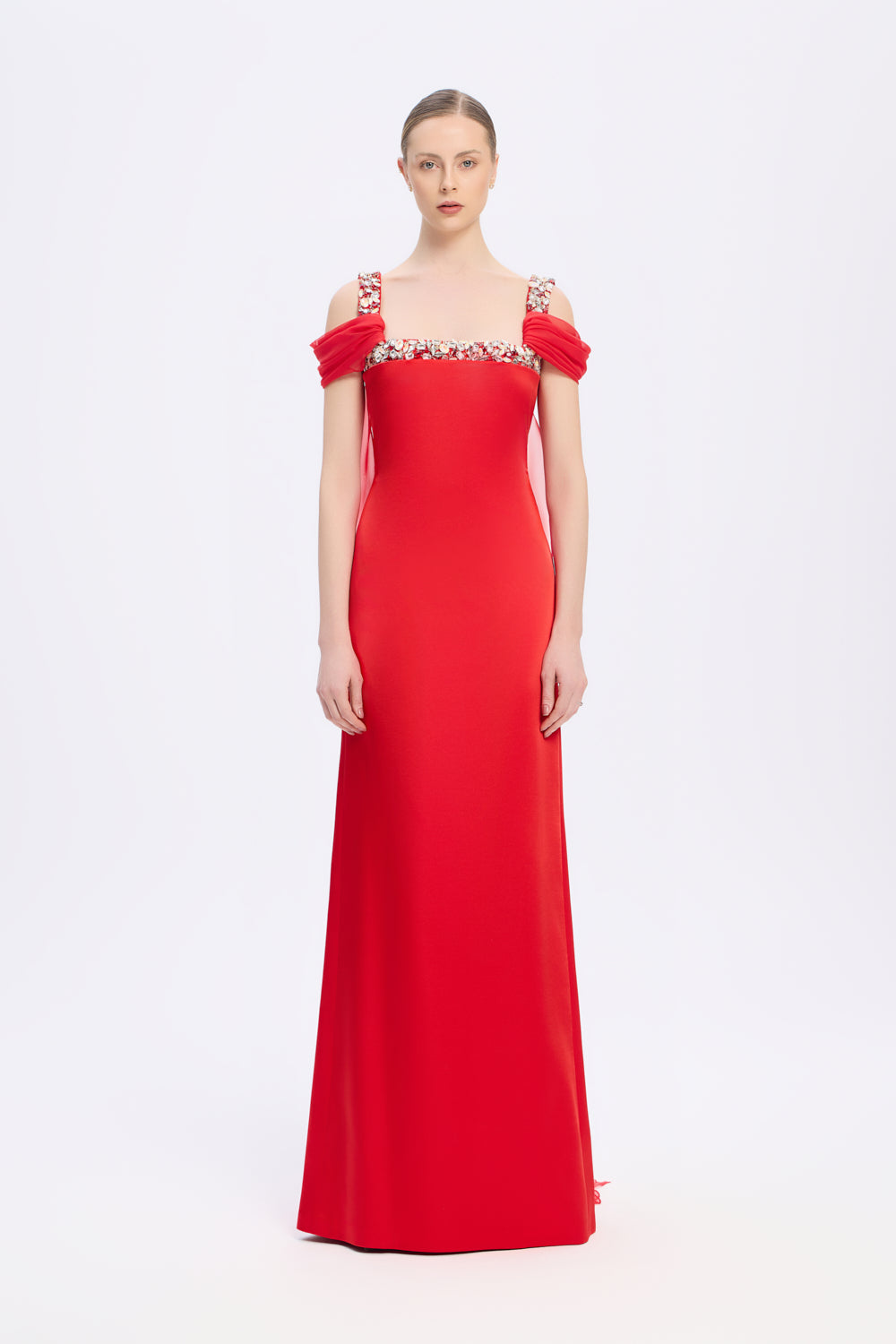 Chiffon Cape Stone Embroidered Long Evening Dress with Straps - 9053C