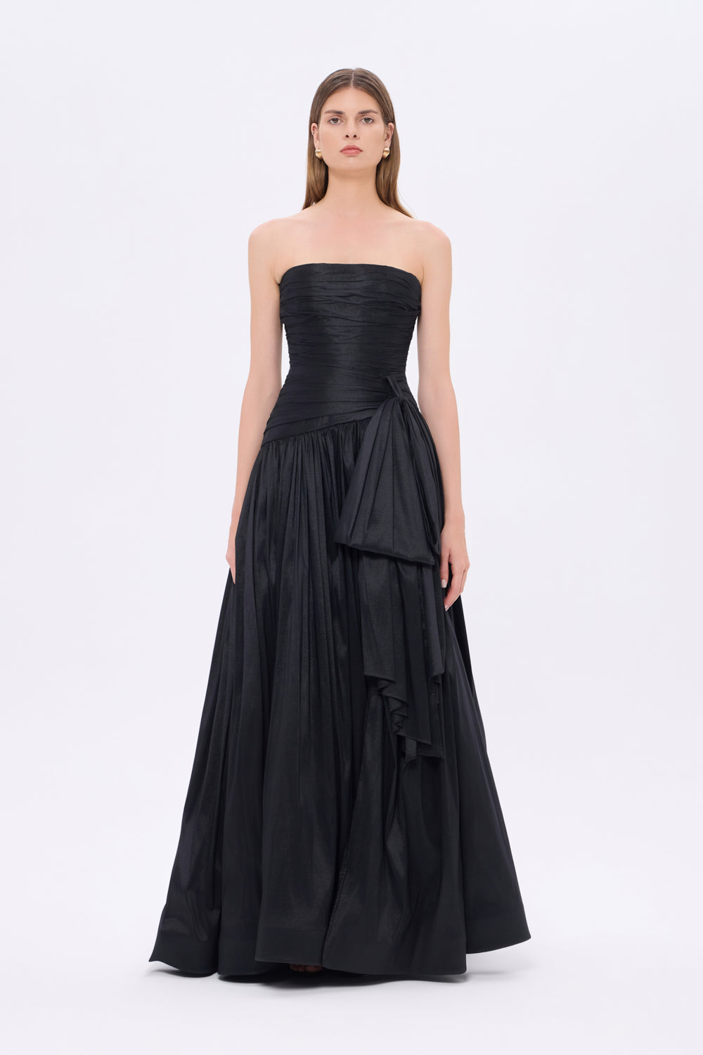 Strapless Collar Taffeta Long Evening Dress with Bow Detail - 9173C