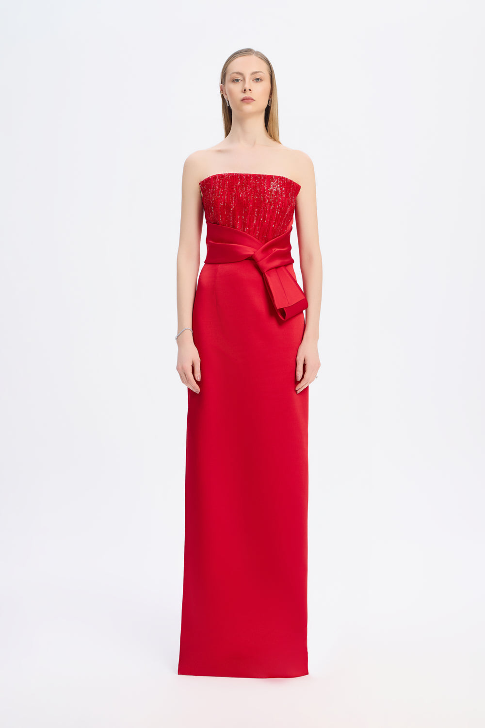 Strapless Collar Straight Cut Satin Evening Dress - 9171C