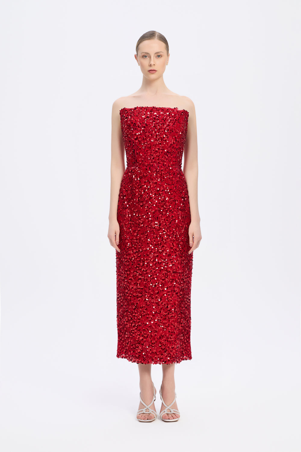 Sequin Embroidered Strapless Midi Evening Dress - 9191C