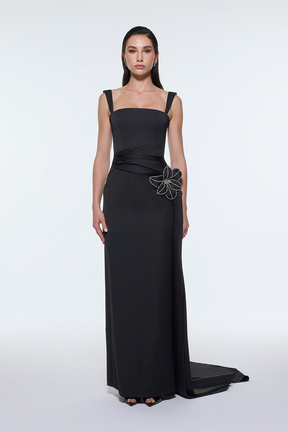 Satin Long Evening Dress with Waist Detailed Straps - 9278C