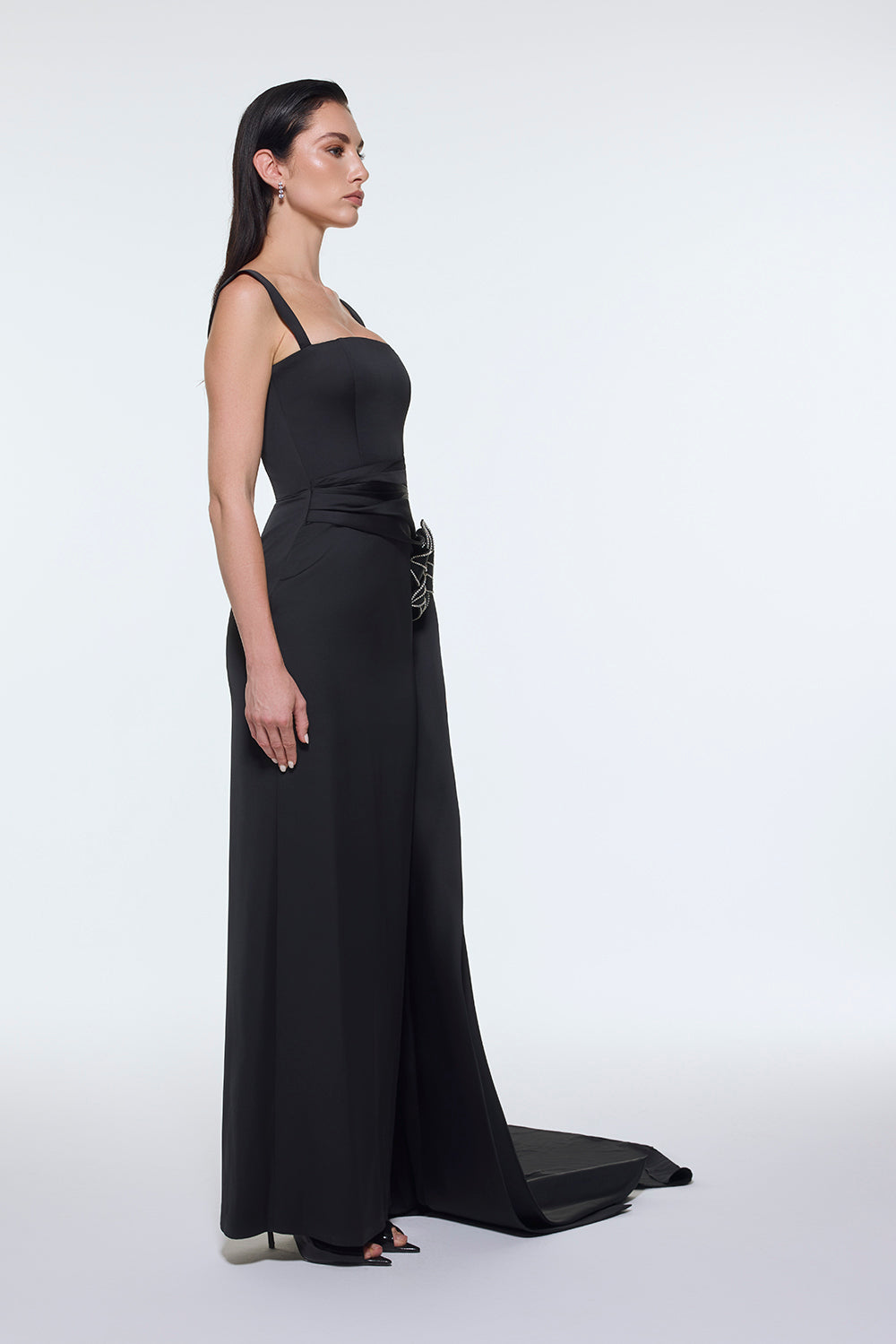 Satin Long Evening Dress with Waist Detailed Straps - 9278C