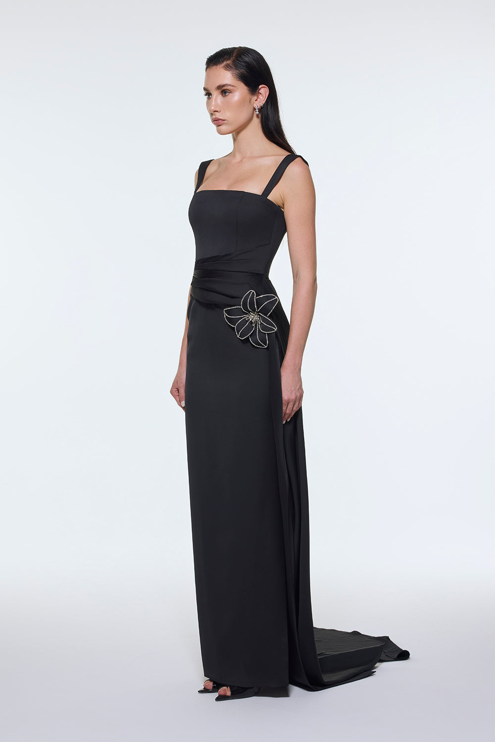 Satin Long Evening Dress with Waist Detailed Straps - 9278C