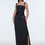 Satin Long Evening Dress with Waist Detailed Straps - 9278C