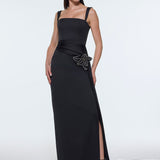 Satin Long Evening Dress with Waist Detailed Straps - 9278C
