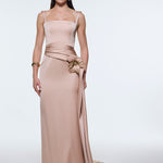 Satin Long Evening Dress with Waist Detailed Straps - 9278C