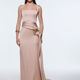Satin Long Evening Dress with Waist Detailed Straps - 9278C