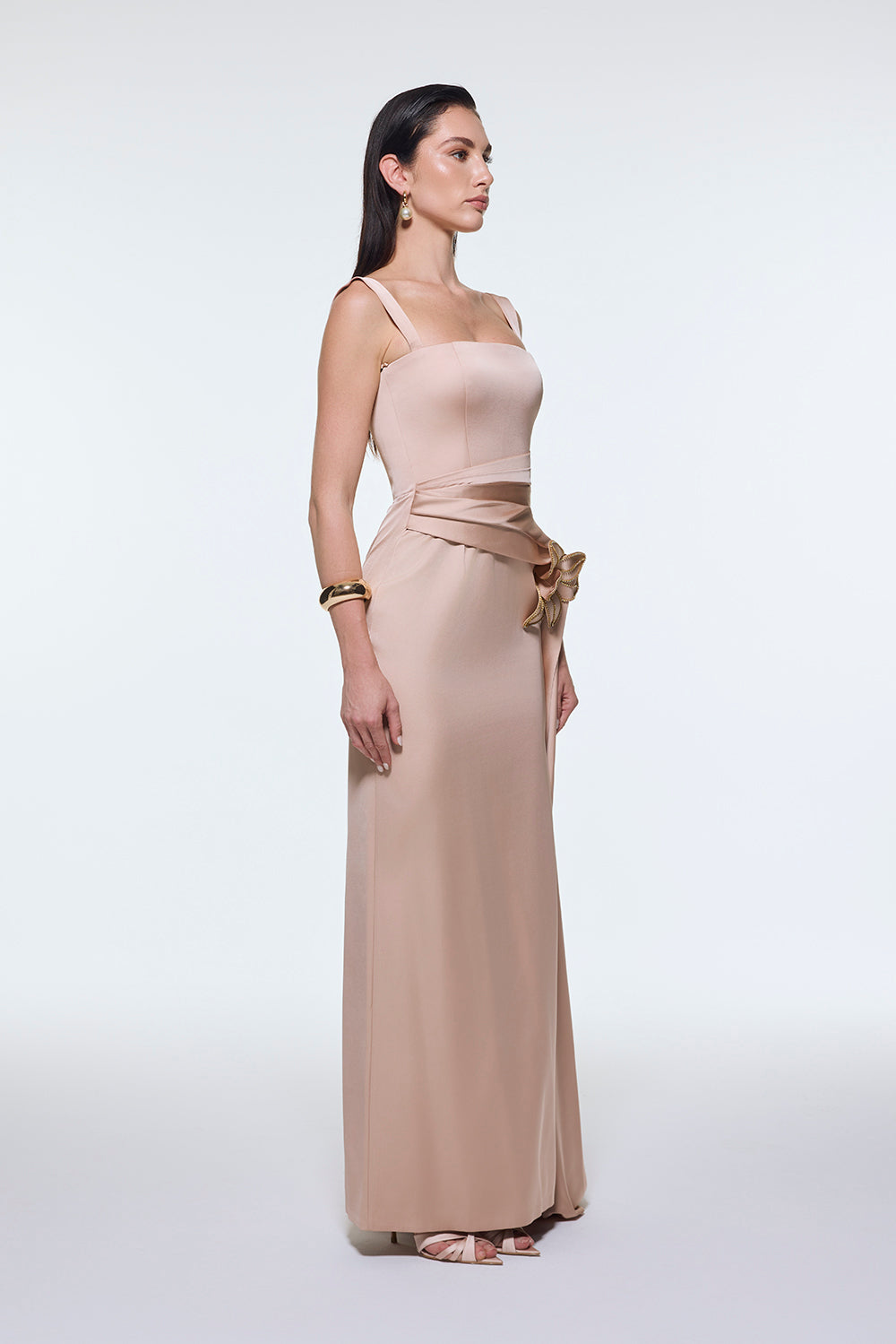 Satin Long Evening Dress with Waist Detailed Straps - 9278C