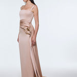 Satin Long Evening Dress with Waist Detailed Straps - 9278C