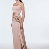 Satin Long Evening Dress with Waist Detailed Straps - 9278C