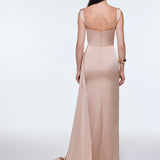 Satin Long Evening Dress with Waist Detailed Straps - 9278C