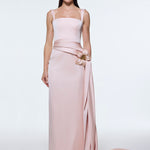 Satin Long Evening Dress with Waist Detailed Straps - 9278C