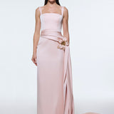 Satin Long Evening Dress with Waist Detailed Straps - 9278C