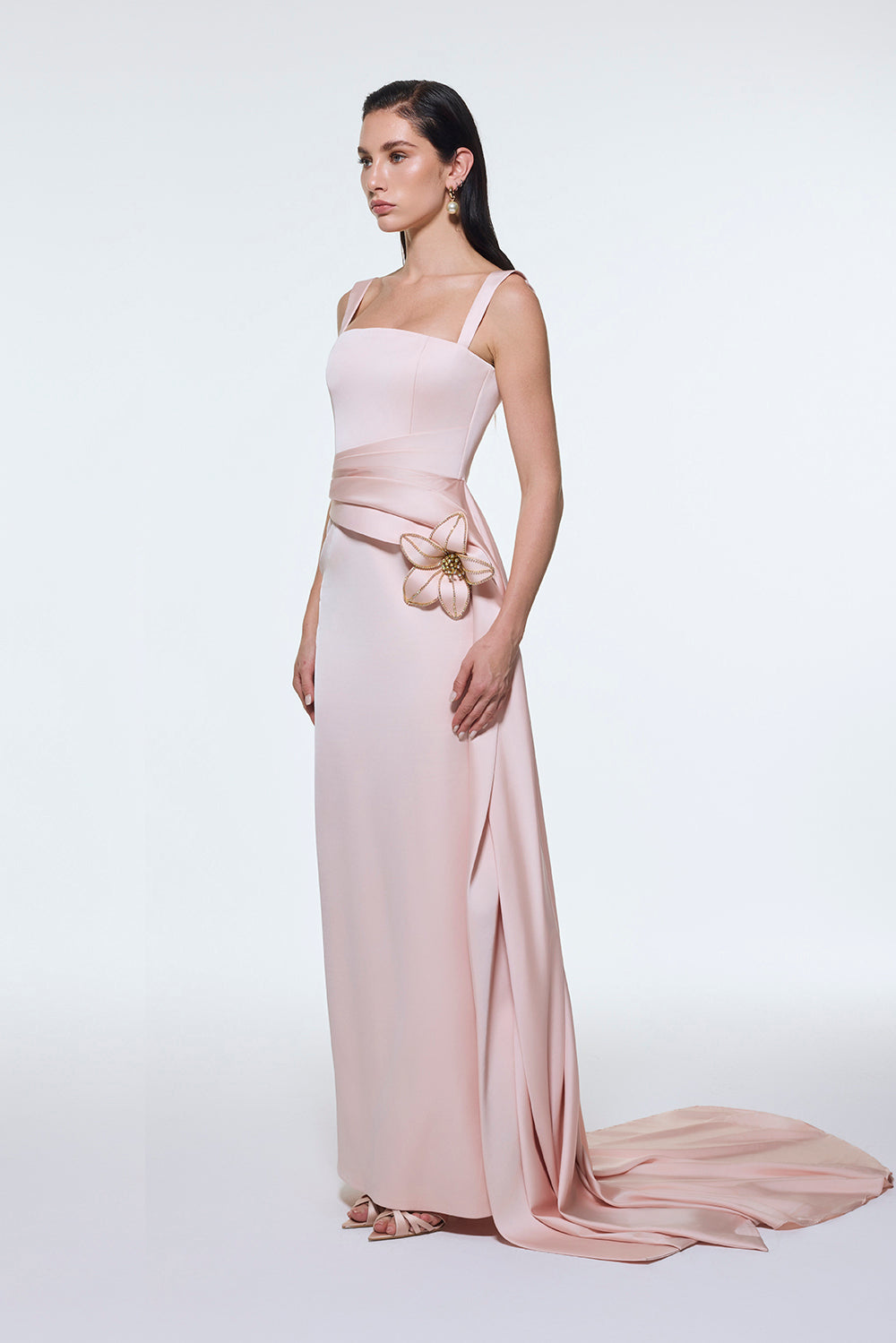 Satin Long Evening Dress with Waist Detailed Straps - 9278C