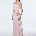 Satin Long Evening Dress with Waist Detailed Straps - 9278C