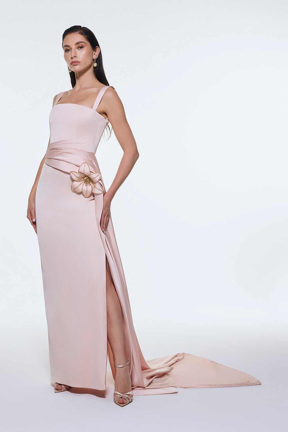 Satin Long Evening Dress with Waist Detailed Straps - 9278C