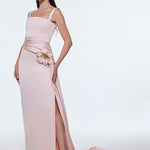 Satin Long Evening Dress with Waist Detailed Straps - 9278C