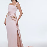 Satin Long Evening Dress with Waist Detailed Straps - 9278C
