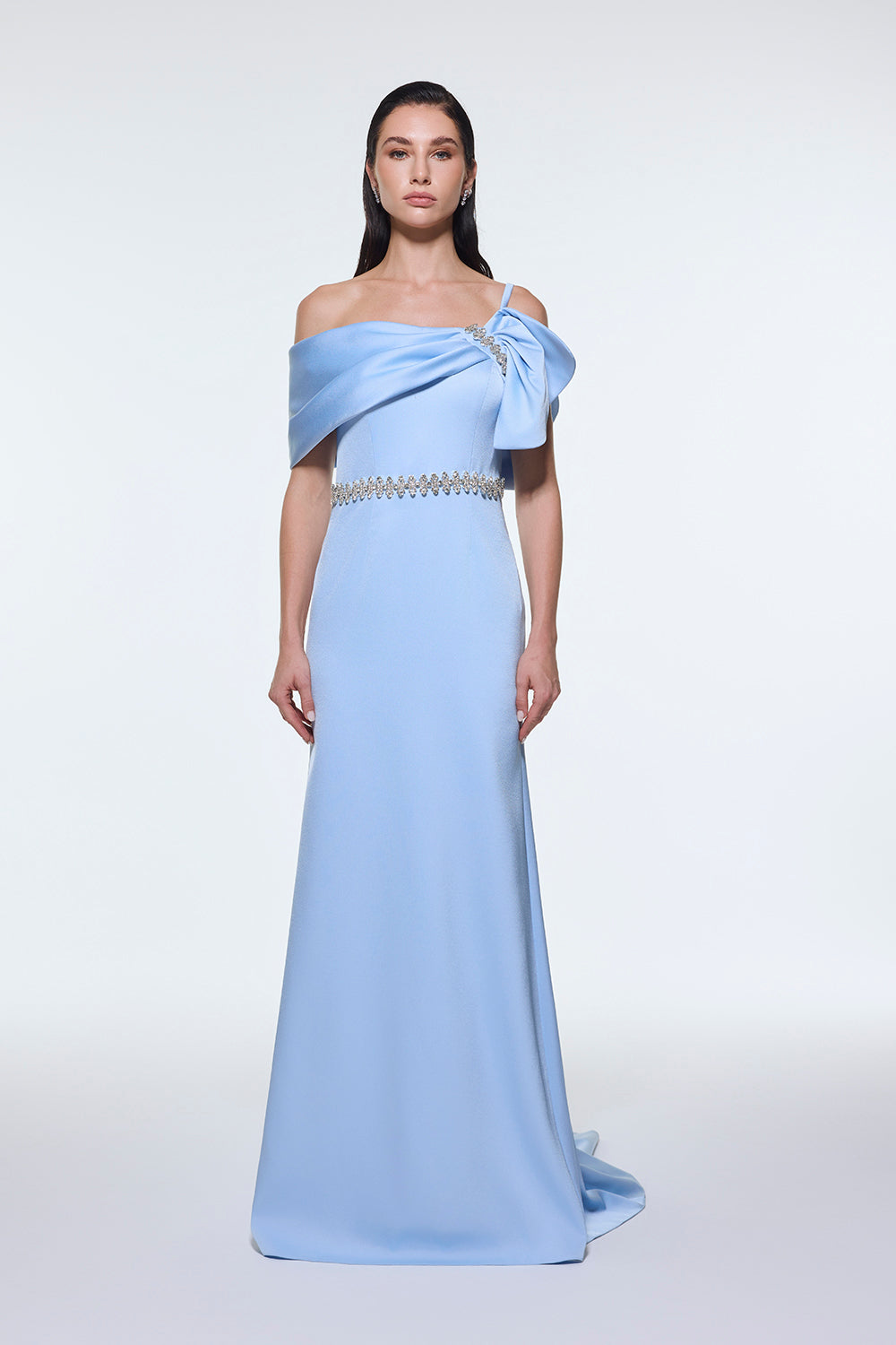 Taş İşlemeli Kemer Detaylı Uzun Abiye Elbise - 9294C - GRİ