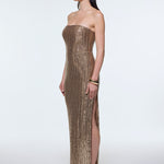 Strapless Neckline Slit Sequin Long Evening Dress - 9293C