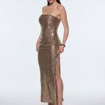 Strapless Neckline Slit Sequin Long Evening Dress - 9293C