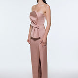 Strapless Collar Slit Satin Long Evening Dress - 9281C