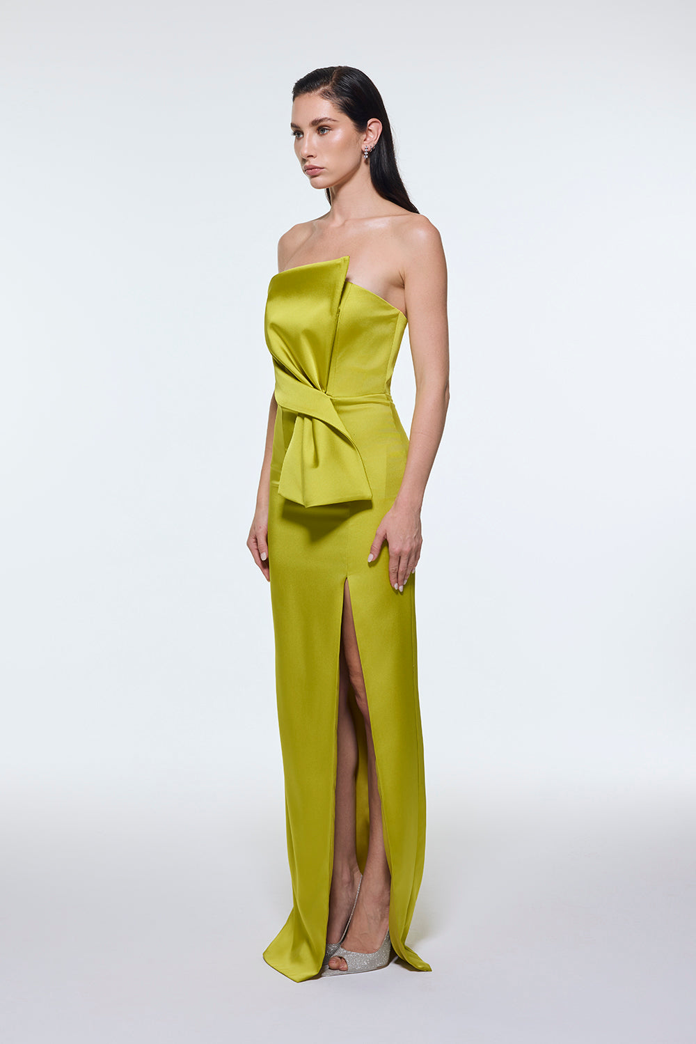 Strapless Collar Slit Satin Long Evening Dress - 9281C