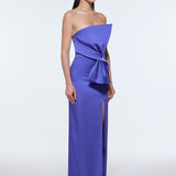 Strapless Collar Slit Satin Long Evening Dress - 9281C