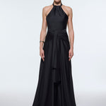 Long Evening Dress with Neck Straps and Waist Drape Detail - 9253C