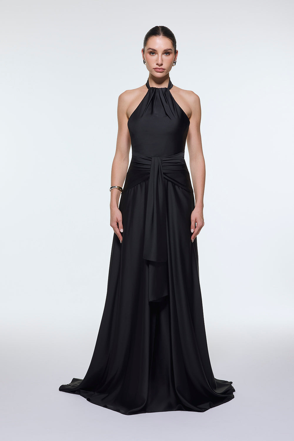 Long Evening Dress with Neck Straps and Waist Drape Detail - 9253C