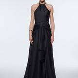 Long Evening Dress with Neck Straps and Waist Drape Detail - 9253C