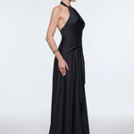 Long Evening Dress with Neck Straps and Waist Drape Detail - 9253C