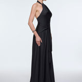Long Evening Dress with Neck Straps and Waist Drape Detail - 9253C