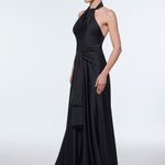Long Evening Dress with Neck Straps and Waist Drape Detail - 9253C