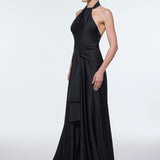 Long Evening Dress with Neck Straps and Waist Drape Detail - 9253C